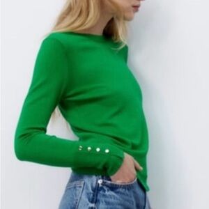 Zara Vibrant Green Long Sleeve Top with gold button detail on cuff